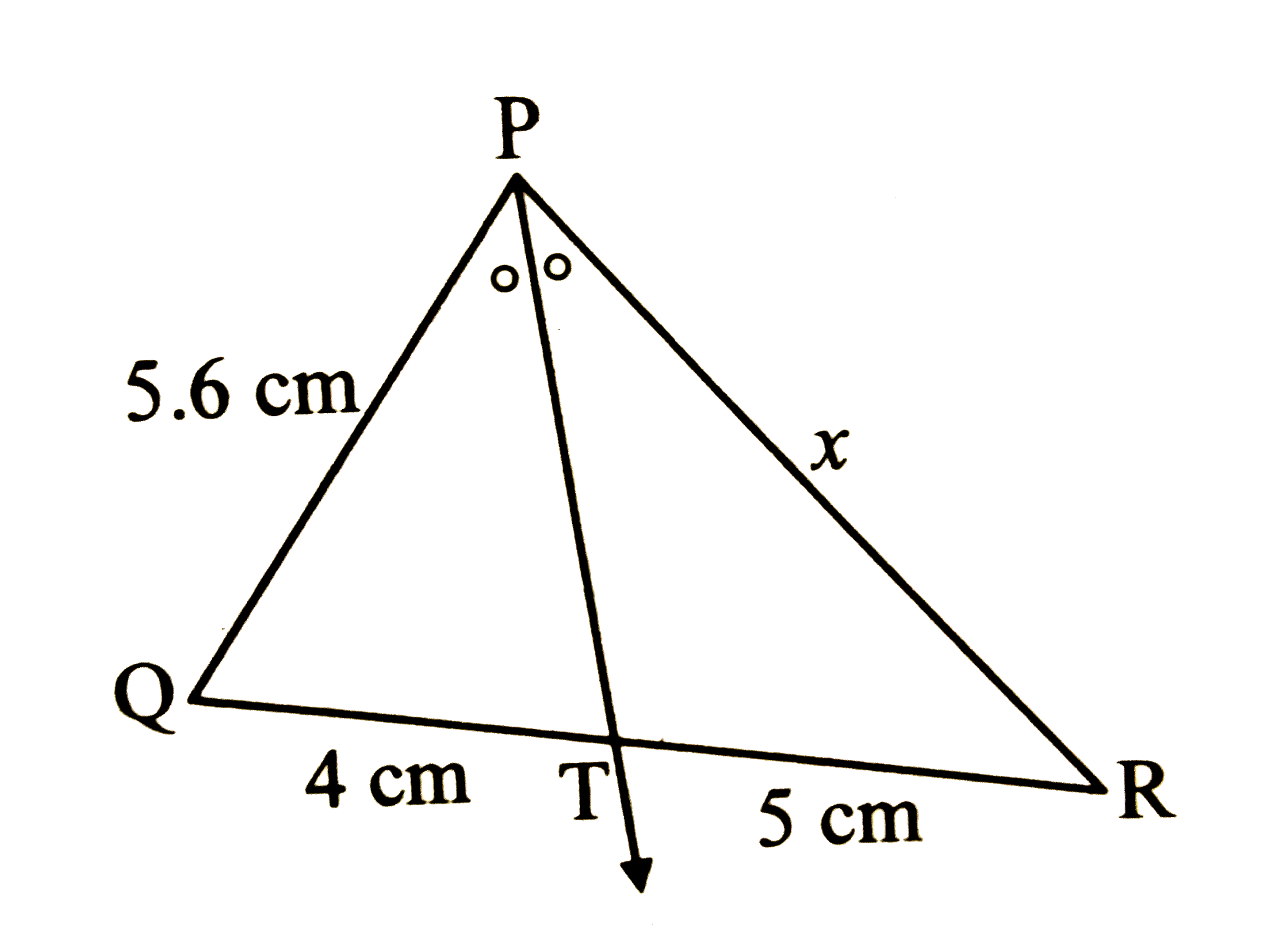 In the given figure, ray PT is the bisector of angleQPR.   Find the value of x.