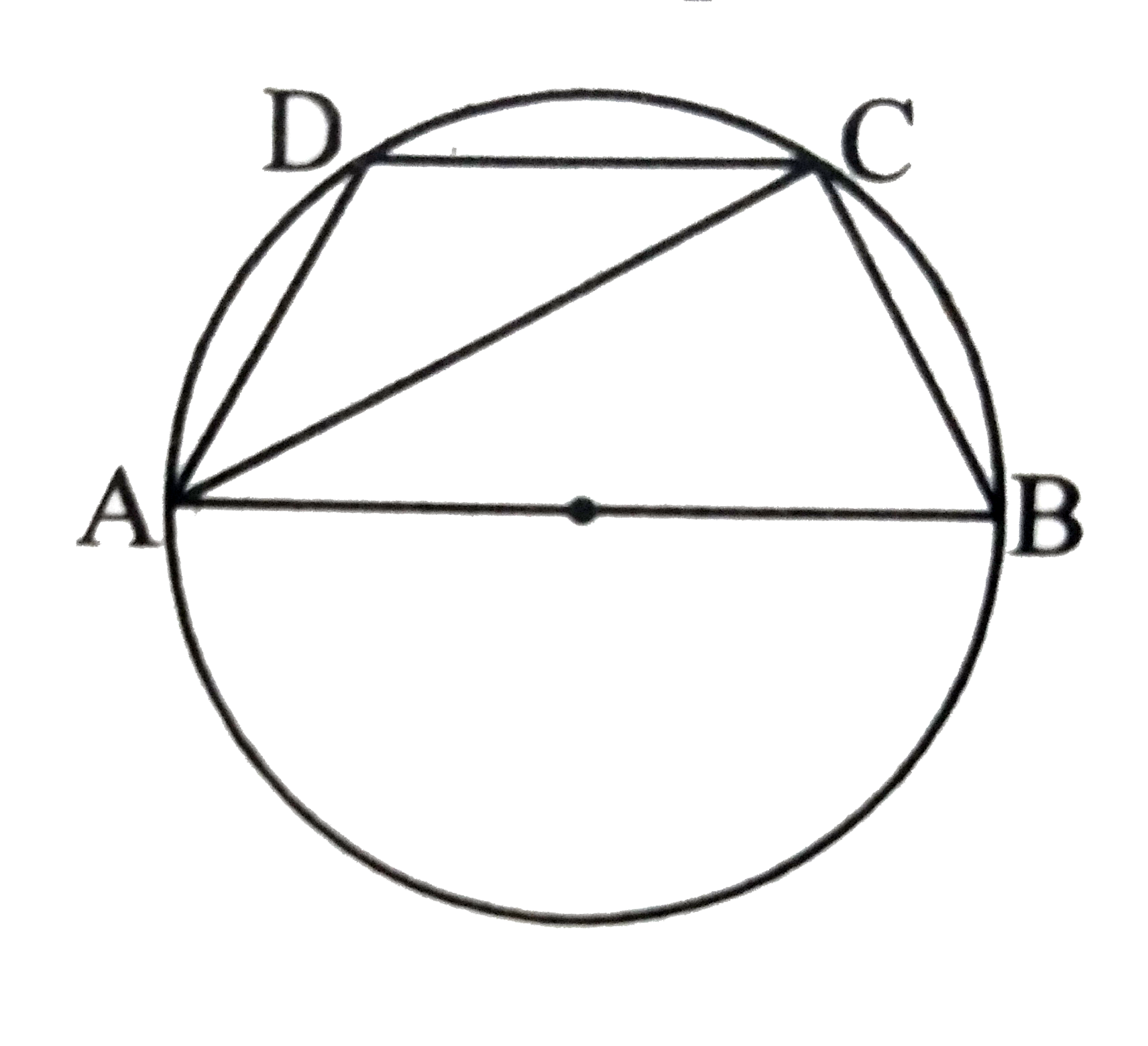 In the figure square ABCD is a cyclic quadrilateral.Seg AB is a diameter . If angleADC=120^@ , complete the following activity to find the measure of angleBAC.