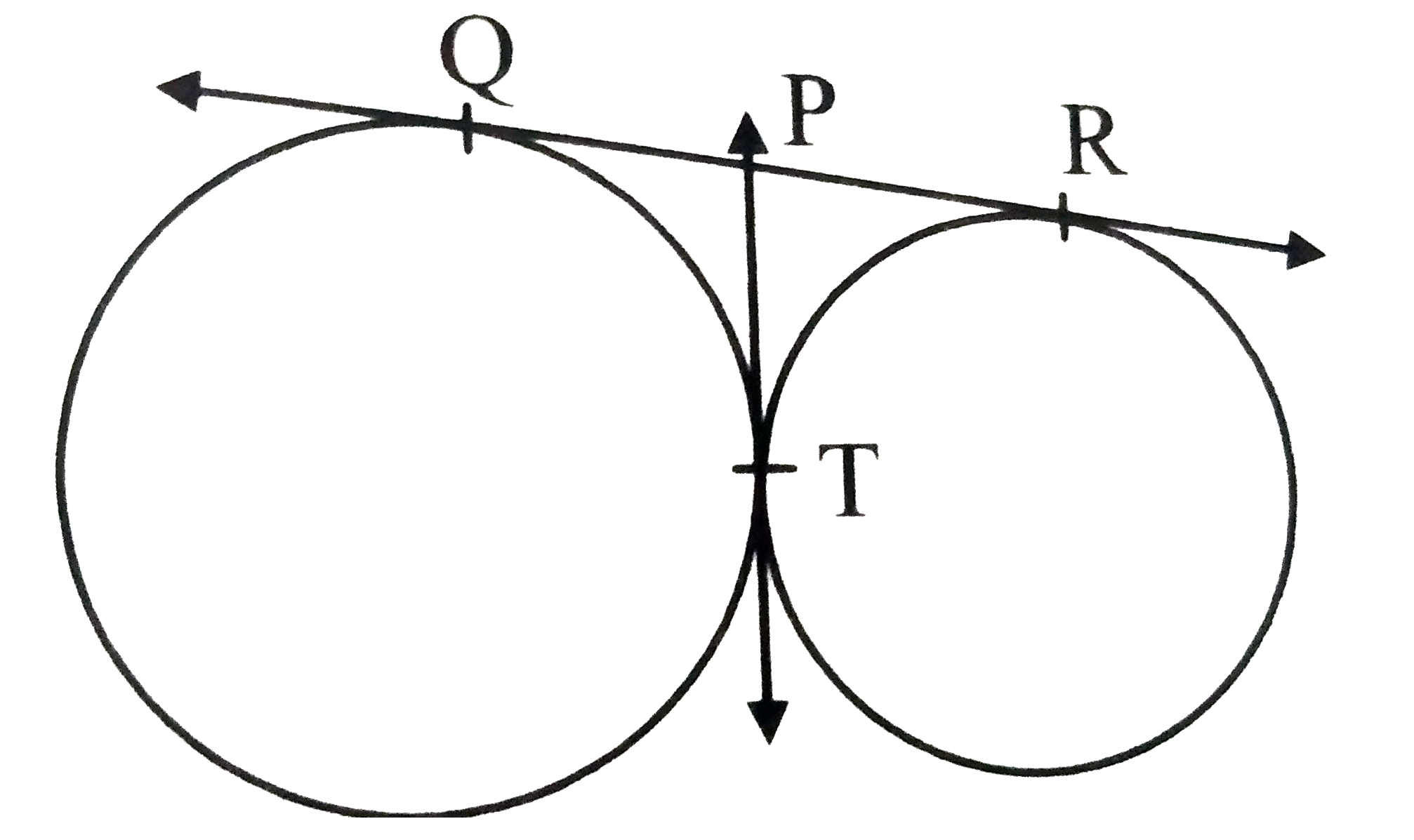 In figure, QR is a common tangent to the given circles, touching externally at the point T. The tangent at T meets QR at P.   If PT=3.8cm, then the length of QR(in cm) is