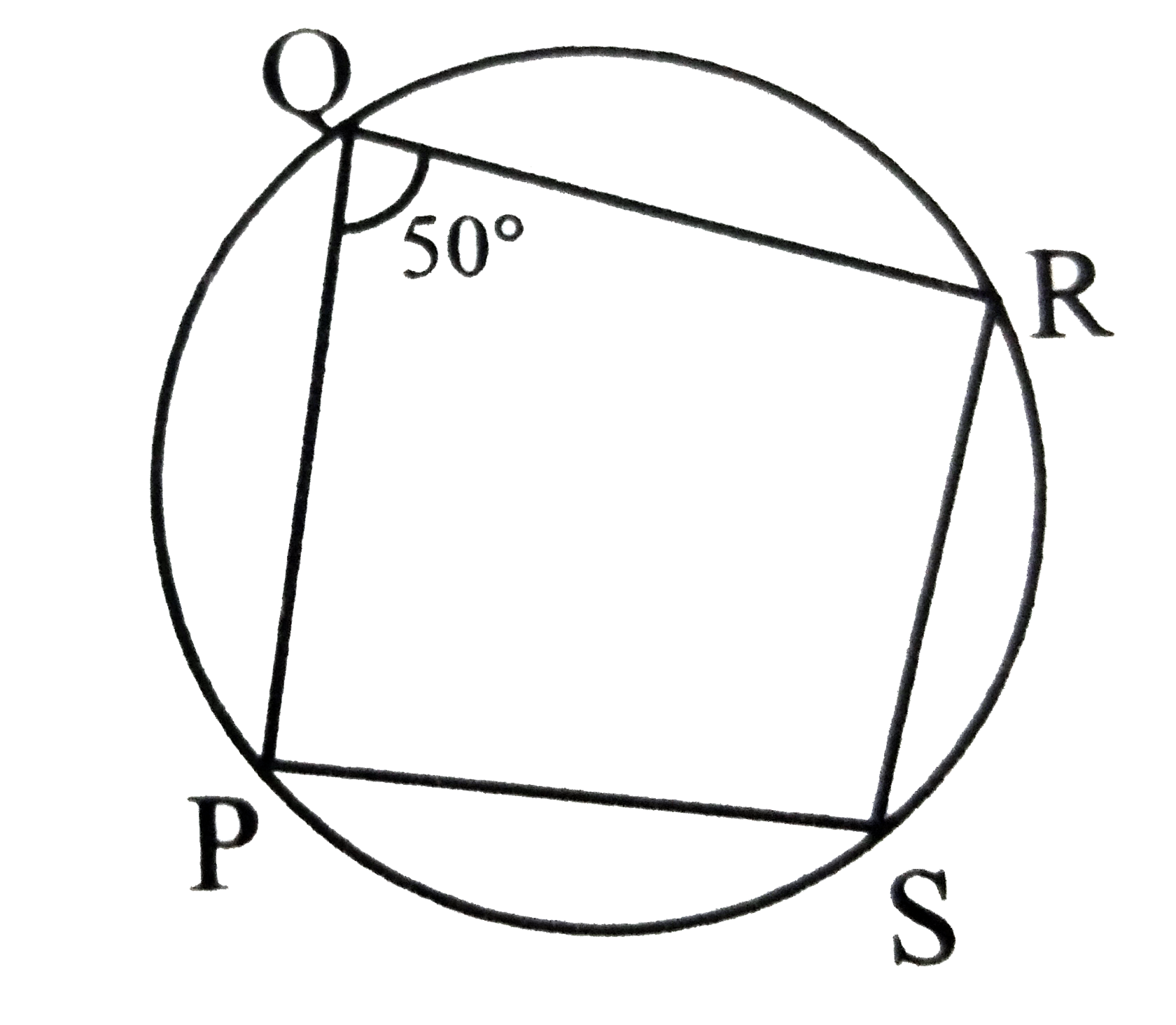 In the given figure, square PQRS is a cyclic quadrilateral  such that anglePQR=50^@ then anglePSR=  (a) 50^@ (b) 100^@   (c) 120^@ (d) 130^@