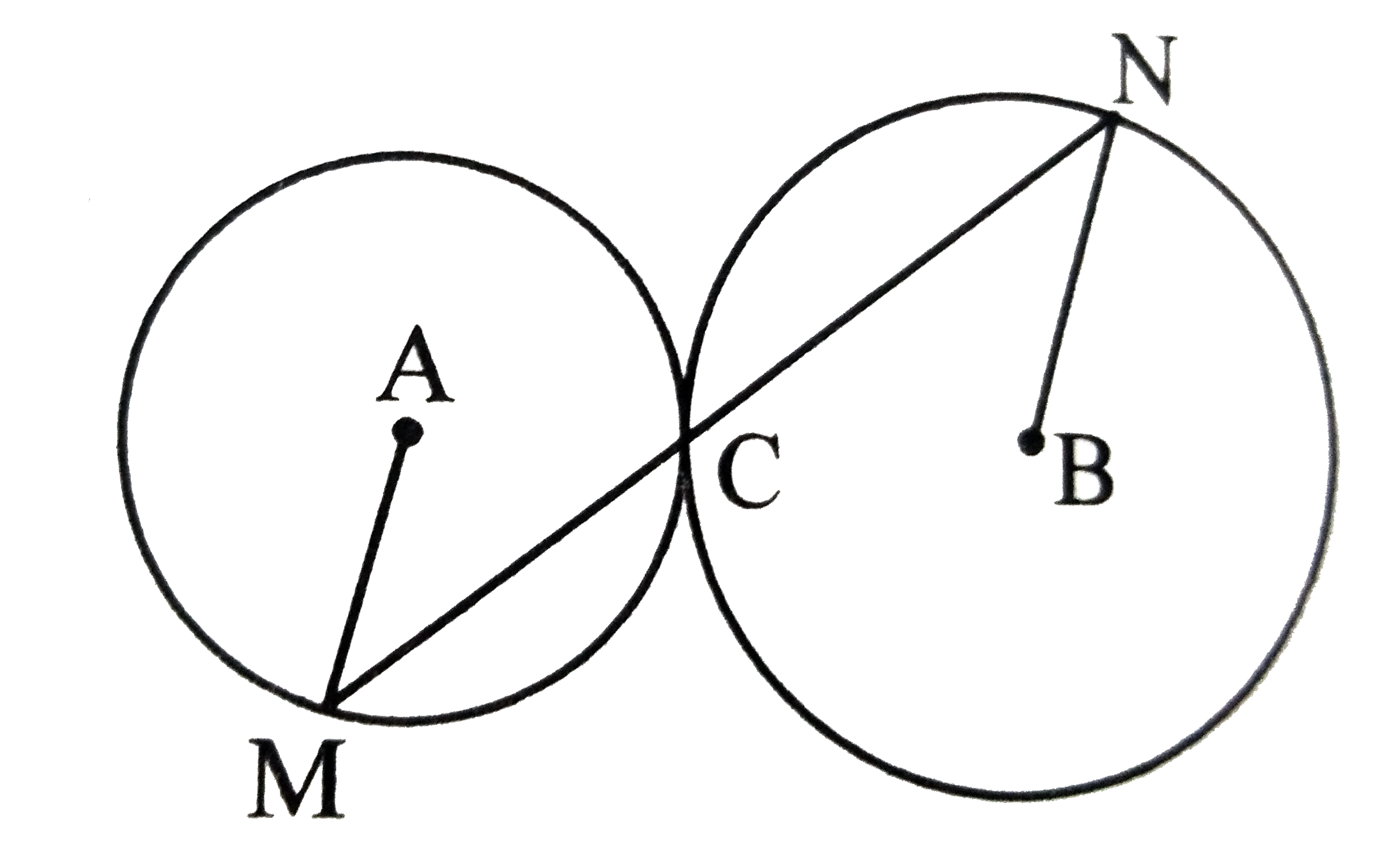 As shown in the adjoining figure , two circles centred  at A and B are touching at C. Line passing through  C   intersects the two circles at M and N respectively.   Show that seg AM ||seg BN.