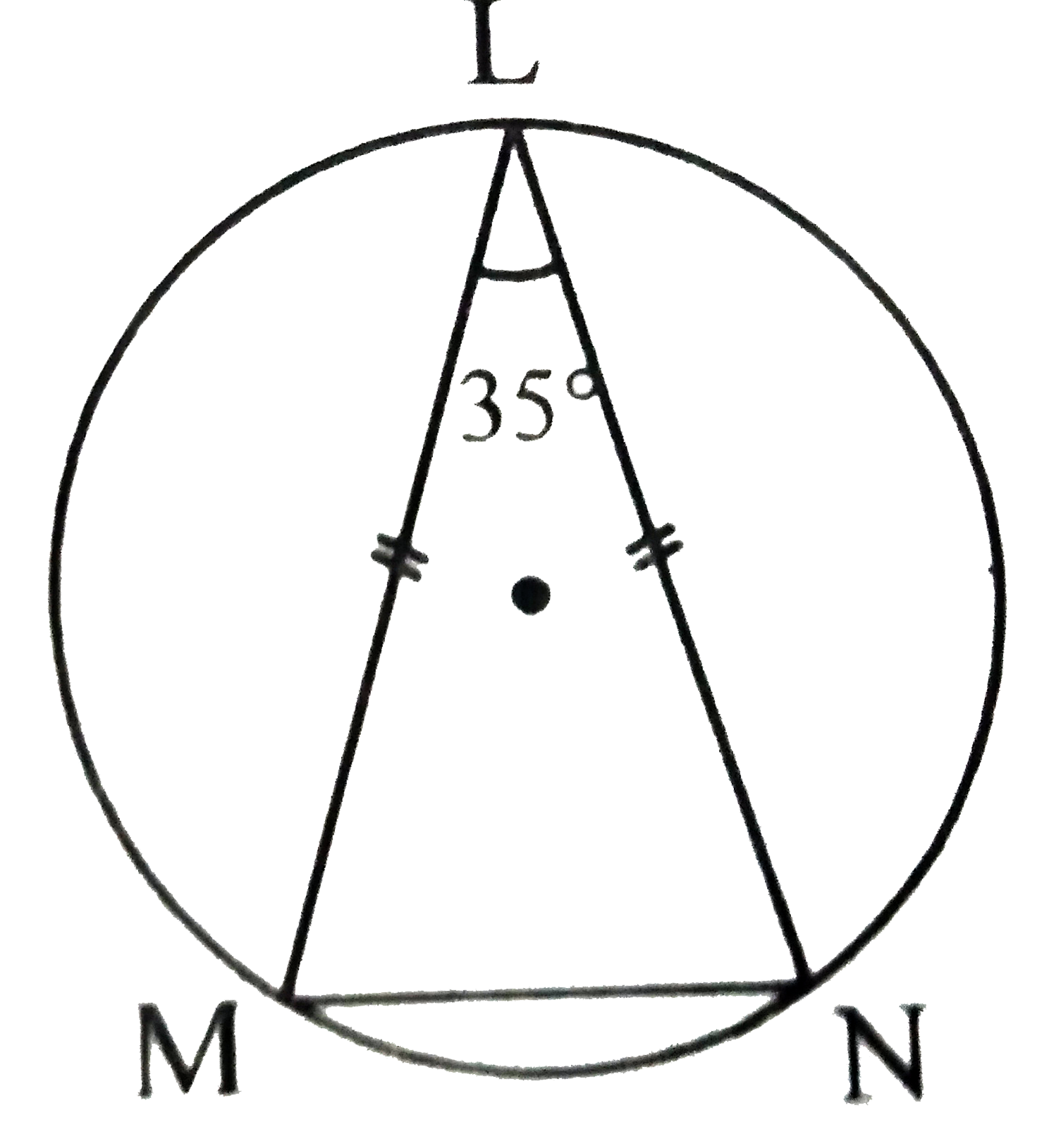 In the adjoining figure, chord LMcong chord LN, angleL=35^@ find   (i) m(arc MN)   (ii) m (arc LN)