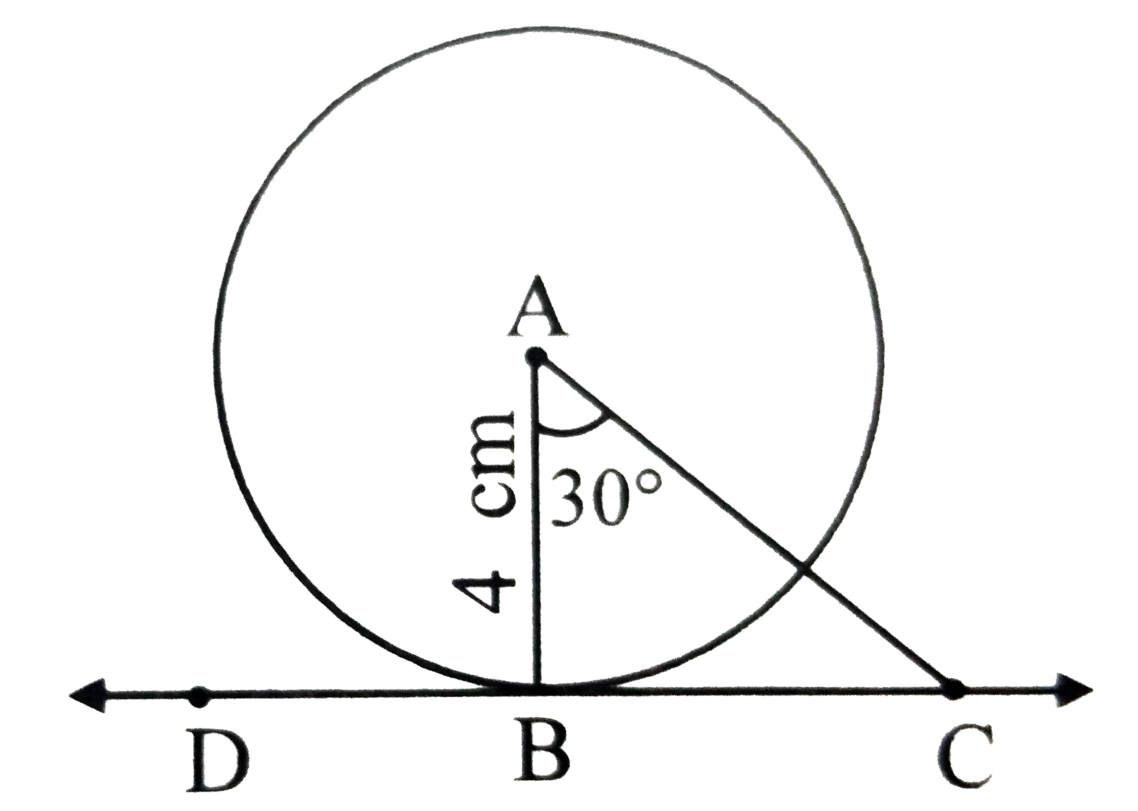 In the figure, point A is the centre of the circle and its tangent CD touches the circle at point B, The radius of the circle is 4cm .If mangleBAC=30^@, then find AC