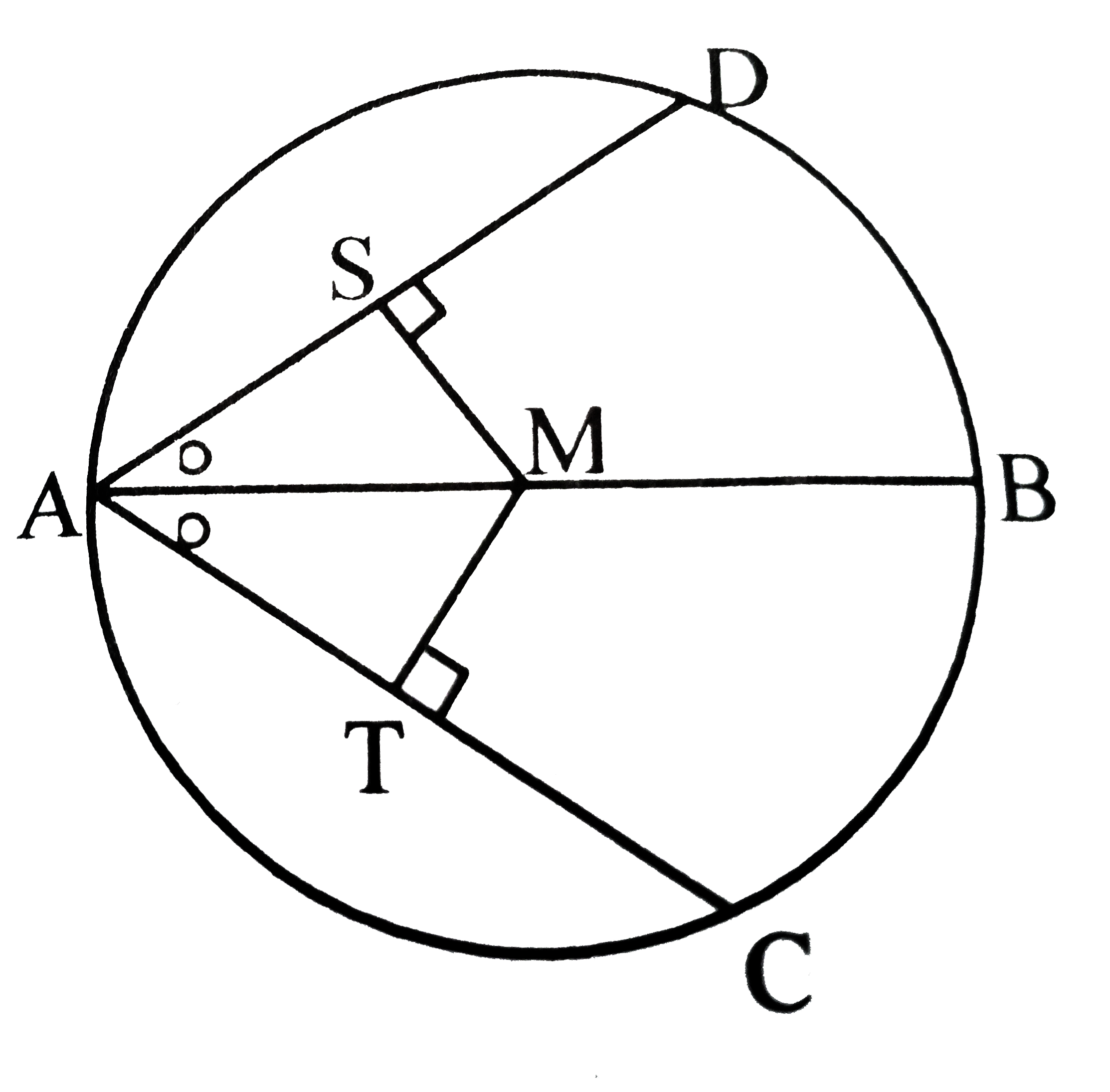 In the adjoining figure, M is the centre of the circle and seg AB is a diameter. Seg MSbot chord AD, seg MT bot chord AC, angleDABcongangle CAB.   Prove that : chord ADcong chord AC.