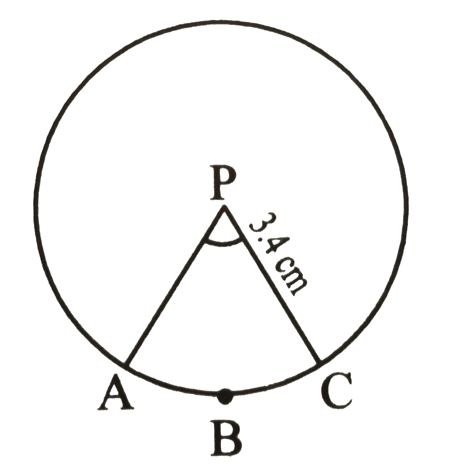 In the adjoining figure, radius of circle is 3.4 cm and perimeter of sector P-ABC is   12.8 cm. Find   A(P-ABC).