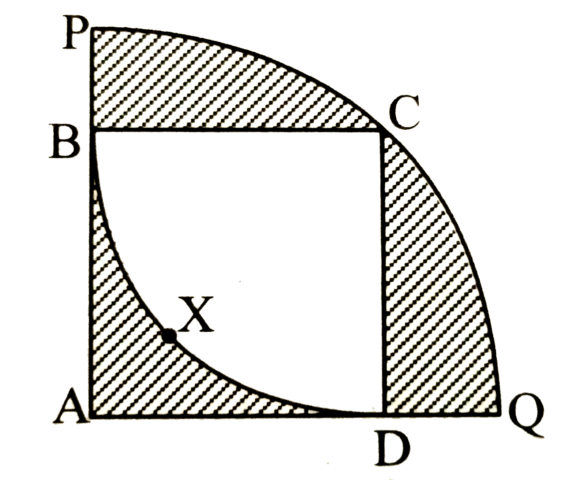 In the adjoining figure, square ABCD  is inscribed in the  sector A-PCQ. The  radius of sector C-BXD is 20 cm.  Complete the  following activity to  find the area of shaded region.