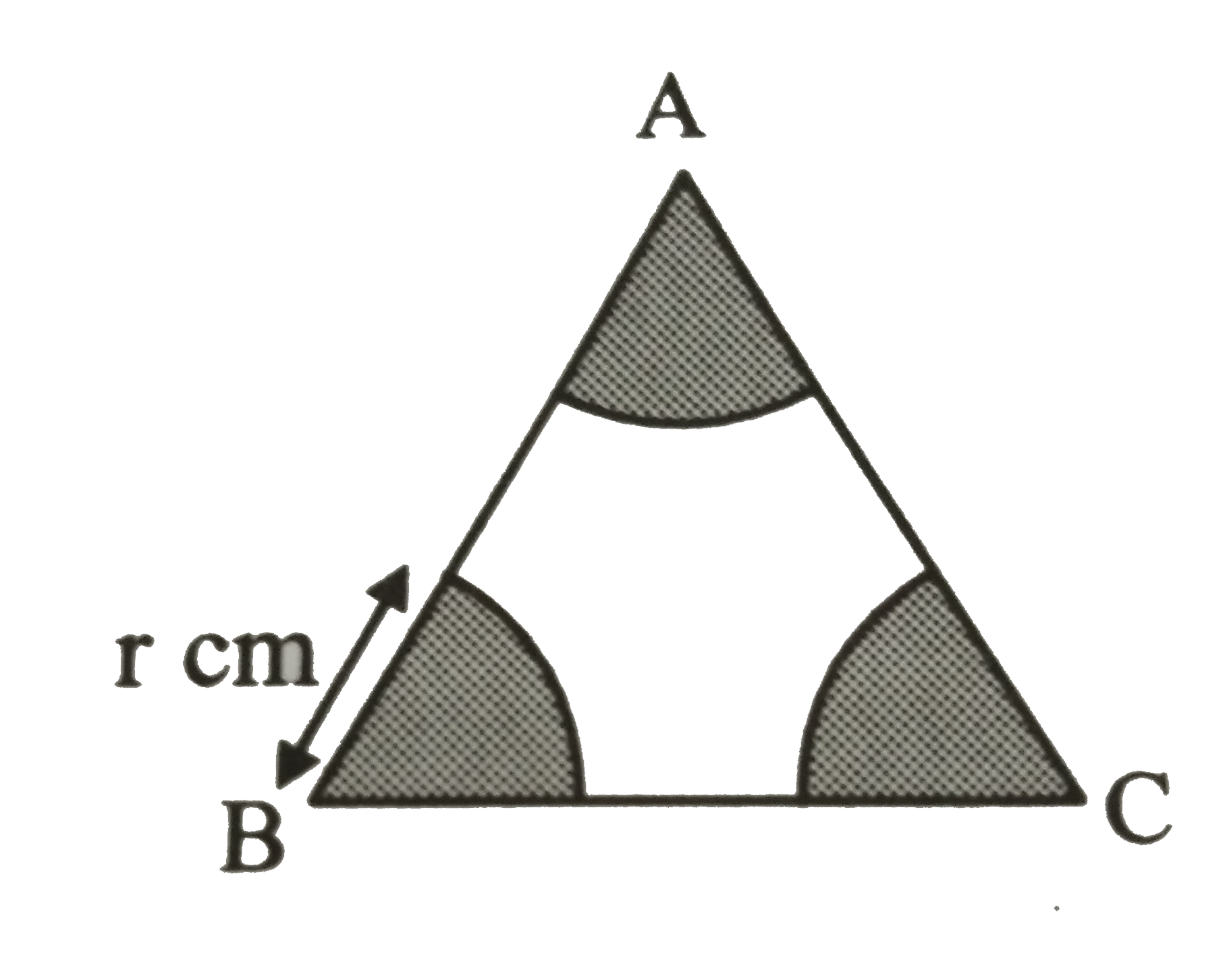 If arcs of radius r cm  are drawn with the   vertices of an equilateral triangle  ABC as shown in the figure,  then the area of the shaded region is