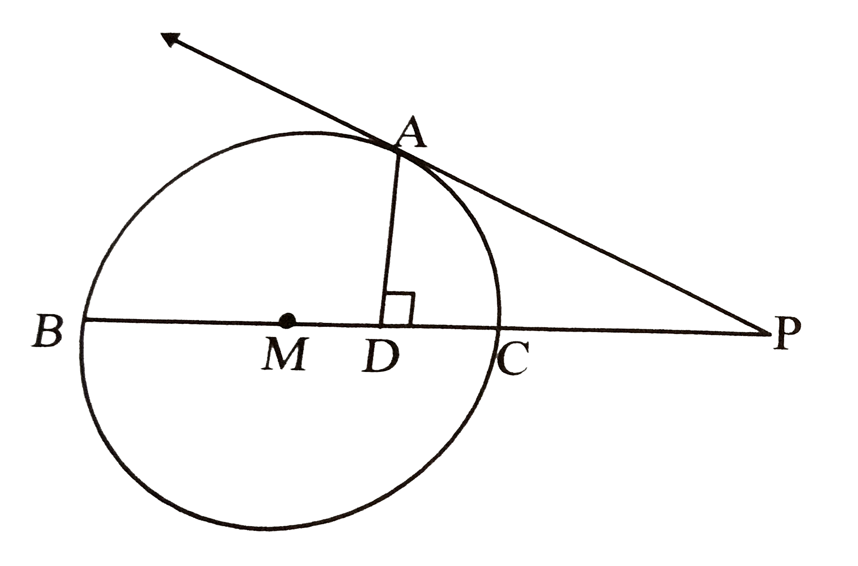 In the adjoining figure, BC is a diameter of the circle with centre M.  PA  is a tangent  at A from P, which is a point  on line BC. AD bot  BC       prove that  DP^(2)=BPxxCP-BDxxCD