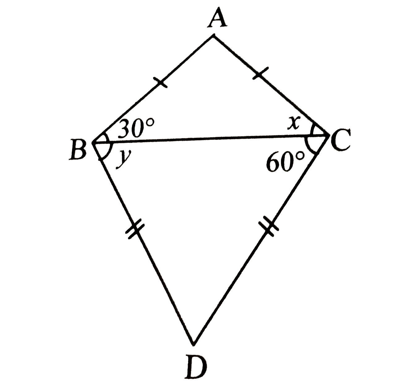 Find the values of x and y using the information shown in the figure.