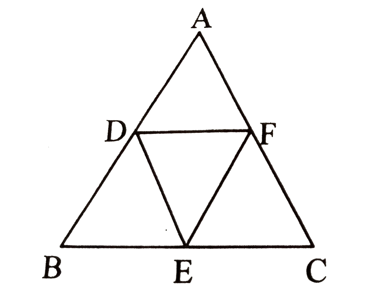 Points D, E and F are the midpoints of sides AB, BC, and AC of  DeltaABC . If DE = 10 cm, EF = 12 cm and DF = 8 cm, then find AB.