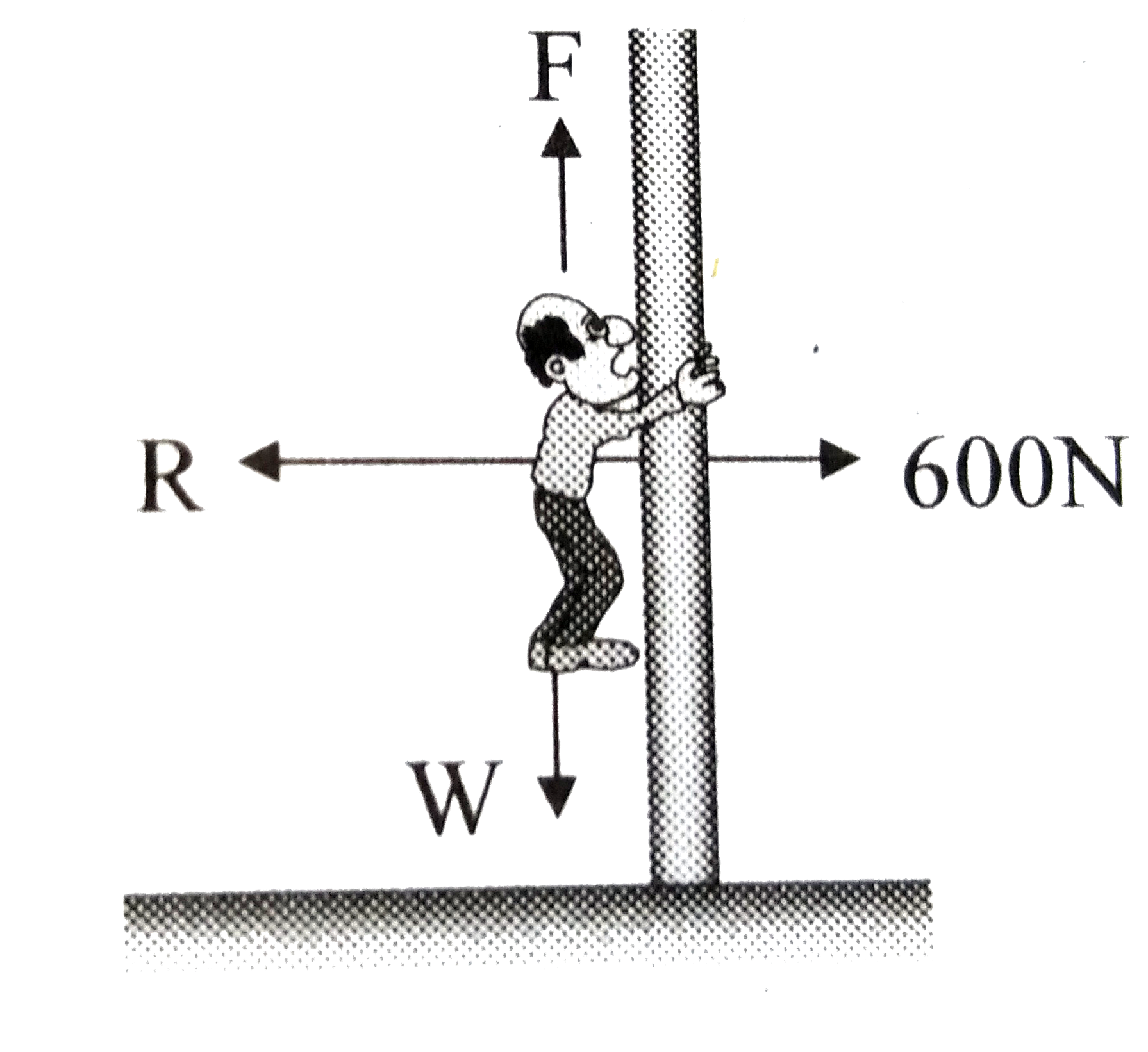 A fireman of mass 60 kg slides down a pole. As shown in figure. He is pressing the pole with a force of 600 N. The coefficient of friction between the hands and the pole is 0.5. With wht acceleration will the fireman slide down (g=10 m//s^(2))