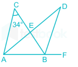 In the given figure, AD is bisector of angle angleCAB and BD is bisector of angleCBF. If the angle at C is 34^(@), the angle angleADB is: