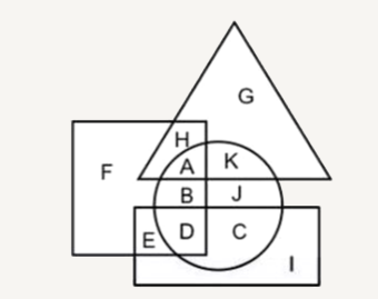 In the  following  figures , reactangle  represents  Technicians, circle  represents bakers,triangle represents playwrights and square  represents  Gymnasts .  Which  set  of letters  represents  Technicians  who  are bakers ?