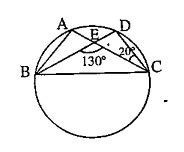 A,B,C এবং D চারটি বিন্দু বৃত্তের উপর অবস্থিত। AC এবং BD পরস্পরকে E বিন্দুতে ছেদ করেছে। /BEC=130^@, /ECD=20^@ হলে /BAC=?