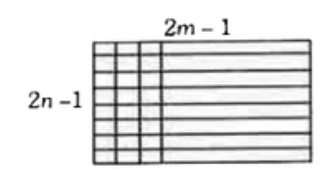 एक आयताकार पट्टी की विमा (2m -1) x (2n -1) है, (जहाँ mgt 0,ngt0). इसे भुजाओं के लम्बवत् रेखायें खींचकर इकाई क्षेत्रफल के वर्गों में विभाजित किया जाता है तब उन आयतों की संख्या, जिनकी भुजायें विषम इकाई लम्बाई की हैं, होगी