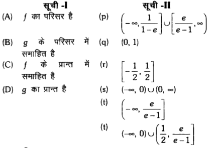 माना कि E(1)={x epsilon R:x!=1 और x/(x-1)gt0} और E(2)={x epsilonE(1):sin^(-1)(log(e)(x/(x-1))) वास्तविक संख्या है }  (यहां प्रतिलोम त्रिकोणमितीय फलन sin^(-1)x[-(pi)/2,(pi)/2] में मान धारण करता है)  मान कि फलन f:E(1)toR,f(x)=log(e)(x/(x-1)) के द्वारा परिभाषति है।   और फलन g:E(2)toR,g(x)=sin^(-1)(log(e)(x/(x-1))) के द्वारा परिभाषित है।