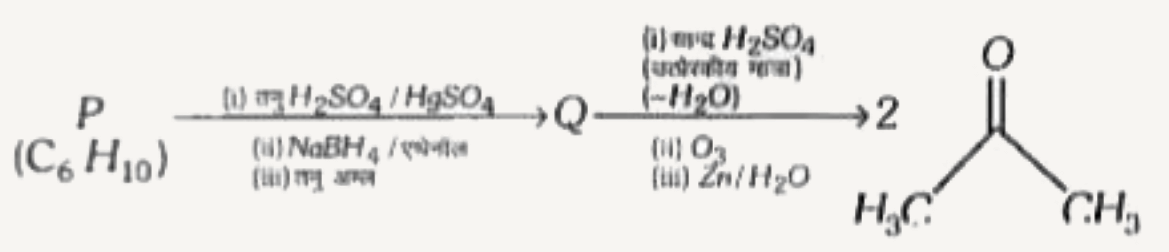 आण्विक सूत्र C6 H(10) वाला एक अचक्रीय (acyclic) हाइड्रोकार्बन P निम्न अभिक्रिया अनुक्रम के अनुसार जिसमें Q एक मध्यवर्ती यौगिक है, एक मात्र कार्बनिक यौगिक ऐसीटोन प्रदान करता है।       यौगिक Q की संरचना है