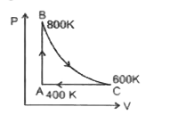 द्विपरमाणुक आदर्श गैस का एक मोल चक्रीय प्रक्रिया ABC से गुजरता है जैसा कि चित्र में दर्शाया गया है। प्रक्रिया BC रूद्धोष्ण है। A, B एवं C के तापमान क्रमशः 400K, 800K एवं 600K है। सही कथन चुनिये