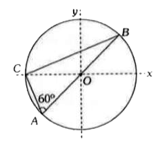 चित्रानुसार एक निकाय के तीन बिन्दुओं A , B व C पर आवेश क्रमशः (q)/(3), (q)/(3) और  -(2q)/(3) स्थित है | बिन्दु O को R त्रिज्या के वृत का केन्द्र और कोण CAB = 60^(@) लेने पर ,