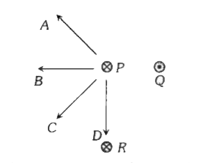 चित्र में दिखाये गये तीन लम्बे सीधे धारावाही चालकों P, Q एवं R में प्रवाहित धारायें कागज तल के अभिलम्बवत् हैं। सभी तीनों धाराओं के परिमाण समान हैं। निम्न में से कौनसा तीर तार P पर कार्यरत बल की दिशा को सही व्यक्त करता है