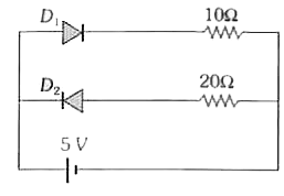 दो आदर्श डायोडों को परिपथ में दर्शाये गये अनुसार एक बैटरी से जोड़ा गया है तो, बैटरी द्वारा सप्लाई की गई (दी गई) विद्युत धारा होगी
