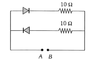 निम्न परिपथ में बिन्दुओं A तथा B के परितः 2V की एक बैटरी जोड़ी गई है। प्रत्येक डायोड का अग्र अभिनति में प्रतिरोध शून्य तथा उत्क्रम अभिनति में अनन्त मानते हुये, बैटरी द्वारा प्रदाय धारा क्या होगी जब इसका धन सिरा A से जुड़ा है