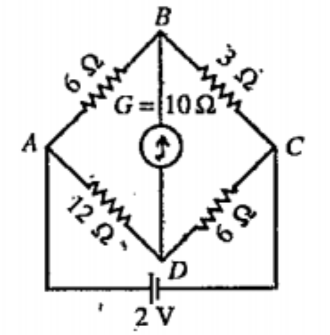 In the circuit AB= 6Omega, BC=3Omega, CD=6Omega,DA=12Omega, G=10Omega Current through galvanometer is-