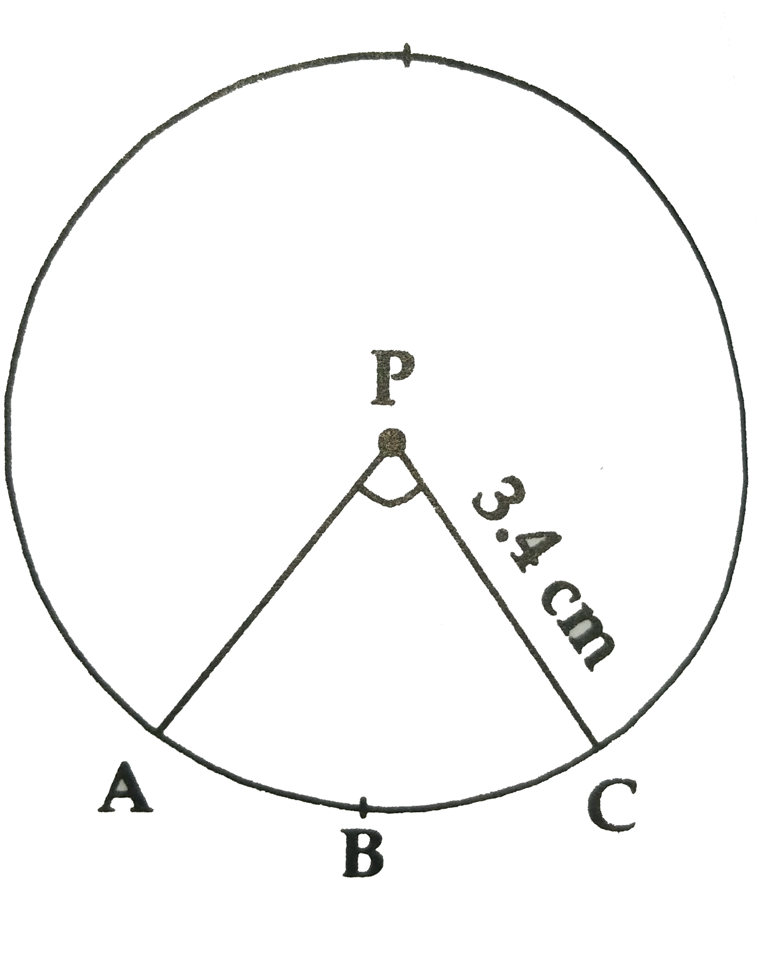 In the given figure radius of circle is 3.4 cm and perimeter of sector P-ABC is 12.8 cm.   Find A (P-ABC)       Given: Radius=3.4 cm    P(sector P-ABC)=12.8cm   To find: A(P-ABC)