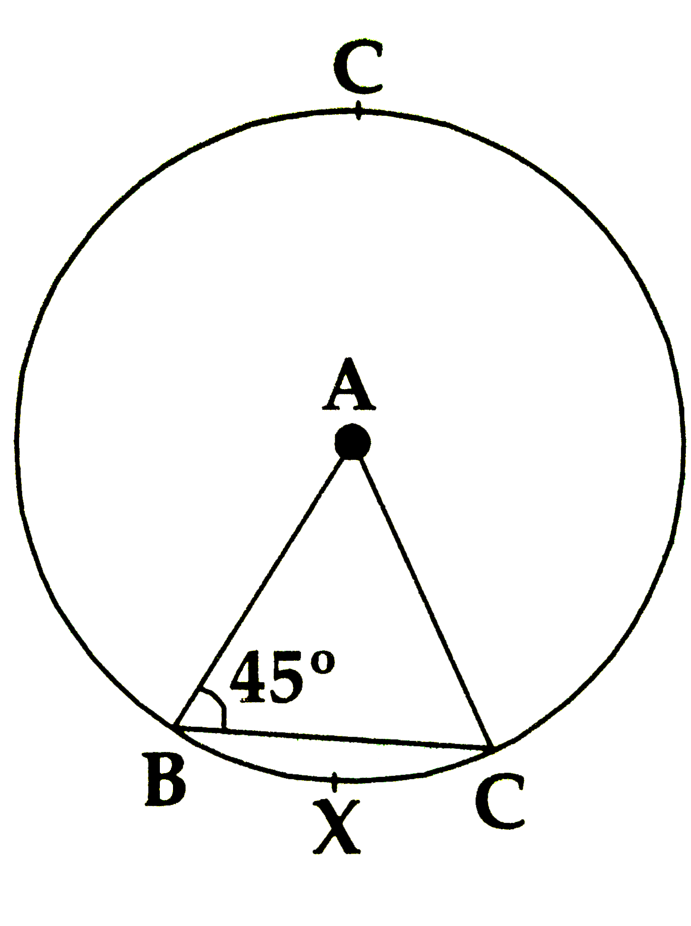 In given figure A is the centre of the circle.   angleABC= 45^@ and AC =7sqrt2cm.   Find the area of segement BXC.      Given: In the circle with centre 'A'   angleABC=45^(@ and AC=7sqrt2 cm   To find : segment BXC