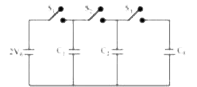 संलग्न प्लेट में दो समान्तर प्लेट संधारित्र जिनमें प्रत्येक की धारिता C है दिखाए गए हैं संधारित्र C(1) को पूर्णतः आवेशित करने के लिए स्विच S(1) को पहले दबाया जाता है और फिर छोड़ दिया जाता है संधारित्र C(2) को आवेशित करने के लिए फिर स्विच S(2) को दबाया जाता है, कुछ समय पश्चात S(2) को छोड़ दिया जाता है फिर S(3) को दबाया जाता है कुछ समय पश्चात-
