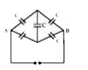 पाँच संधारित्र जिनमें से प्रत्येक की धारिता C=10muF है एक 100 वोल्ट DC स्त्रोत से चित्रानुसार जुड़े हैं A व B के बीच तुल्य धारिता है-
