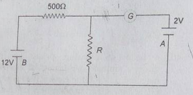 In the circuit, the galvanometer G shows zero deflection. If the batteries A and B have negligible internal resistance, the value of the resistor R will be