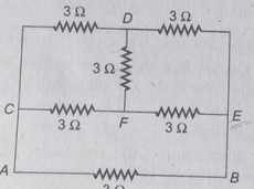 Six resistors each of value 3ohm are connected as shown in the figure.A cell of emf 3V is connected across AB.The effective resistance across AB and the current through the arm AB will be .