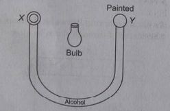 The following figure shows two air filled bulbs connected by a U tube partly filled with alcohol what happen to the levels of alcohol in the limbs X and Y when  an electric bulb is placed midway between the bulb is lighted?