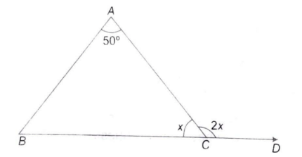 आकृति में angle ACD, angle ACB का दुगना है | यदि angle BAC = 50^(@), तो angle ABC का मान है