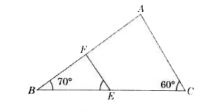 चित्र में angleB=70^(@),angleC=60^(@),E,BC का मध्य बिन्दु है तथा F, AB का मध्य बिन्दु है, angleFEB  का मान होगा-