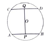चित्र में वृत्त की त्रिज्या 5  सेमी है।  दो जिवाएँ AB|| CD है।  यदि OPbotAB,OQbotCD,AB=6  सेमी  तथा CD=8 सेमी हों, तो PQ की लम्बाई है -