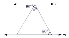 दिए गए चित्र में, यदि l||m, तब x का मान हैं