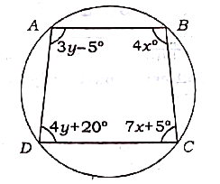 दिए गए चित्र में ABCD एक चक्रीय चतुर्भुज है। तब क्रमित युग्म (x, y) है-