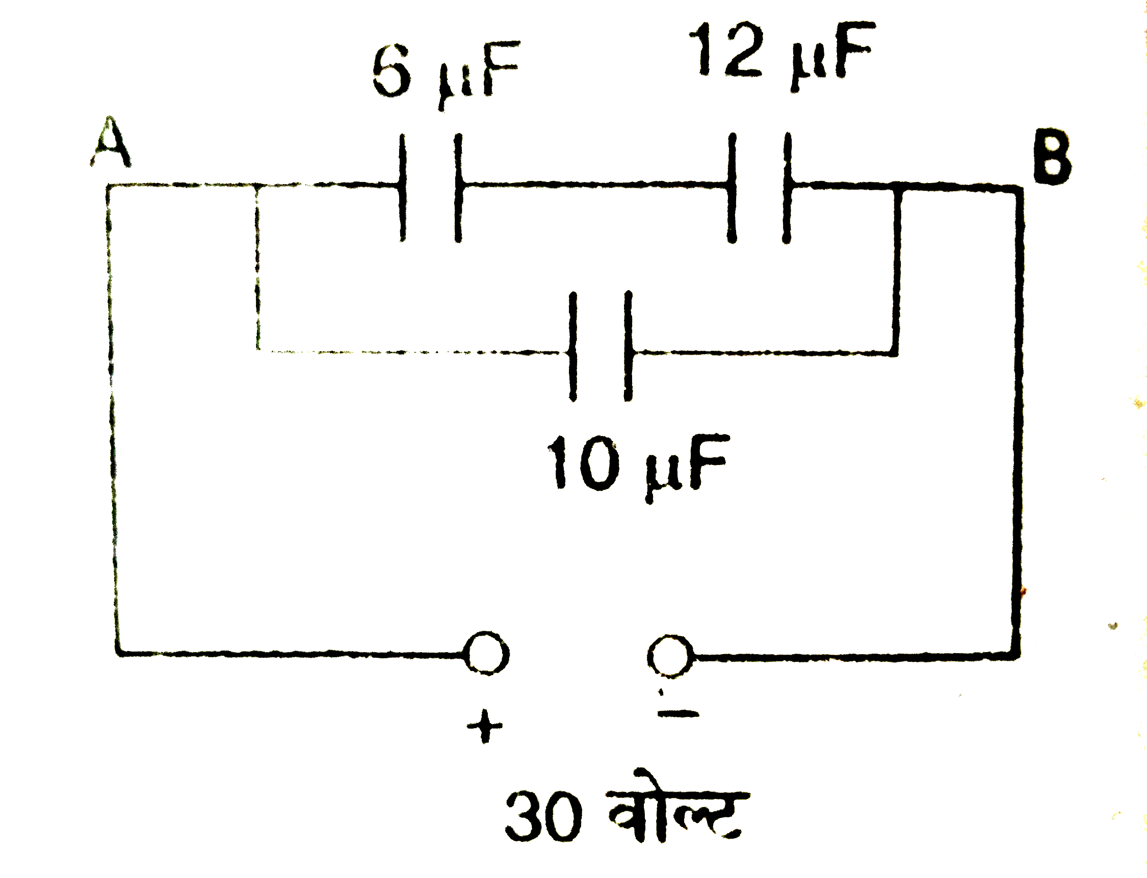 तीन संधारित्रों को 30 वोल्ट की बैटरी से चित्रानुसार जोड़ा गया है । अग्रलिखित की गणना कीजिए - (i ) बिंदु A तथा B के बिच संधारित्र के संयोजना की तुल्य धारिता , (ii ) 10 mu F धारिता के संधारित्र द्वारा संचित्र ऊर्जा ।