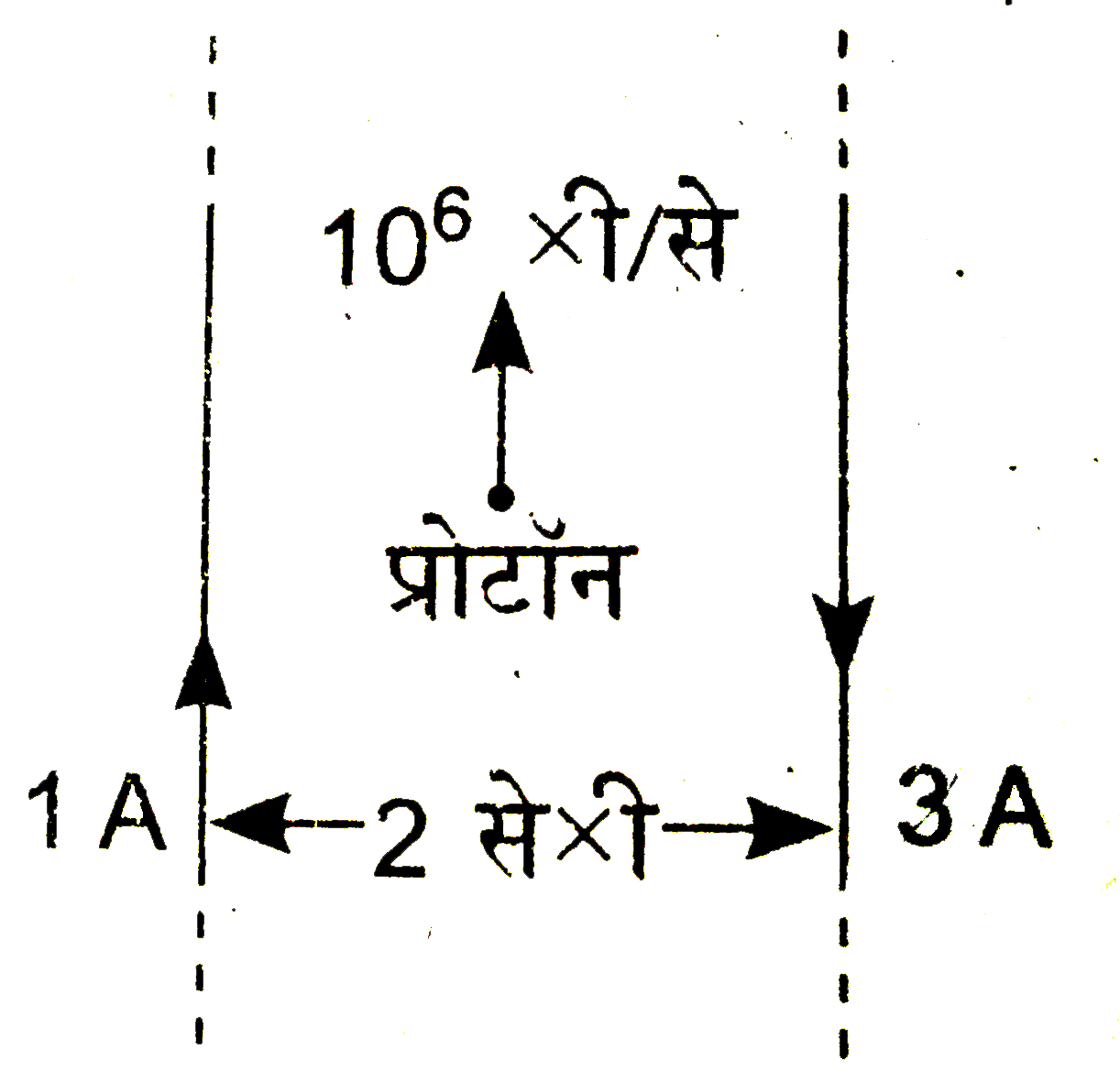 प्रदत्त चित्र में दो लम्बे समान्तर धारावाही  चालकों में 1 ऐम्पियर तथा 3 ऐम्पियर की धाराएँ एक-दूसरे के विपरीत दिशाओं में प्रवाहित हो रही है। तारों के बीच  2 सेमी की दूरी है। तारों के बीच ठीक मध्य-बिन्दु पर 10 ^(6 ) मी/से की चाल से गतिमान प्रोटॉन पर कार्य करने वाले बल का मान तथा दिशा ज्ञात कीजिए।