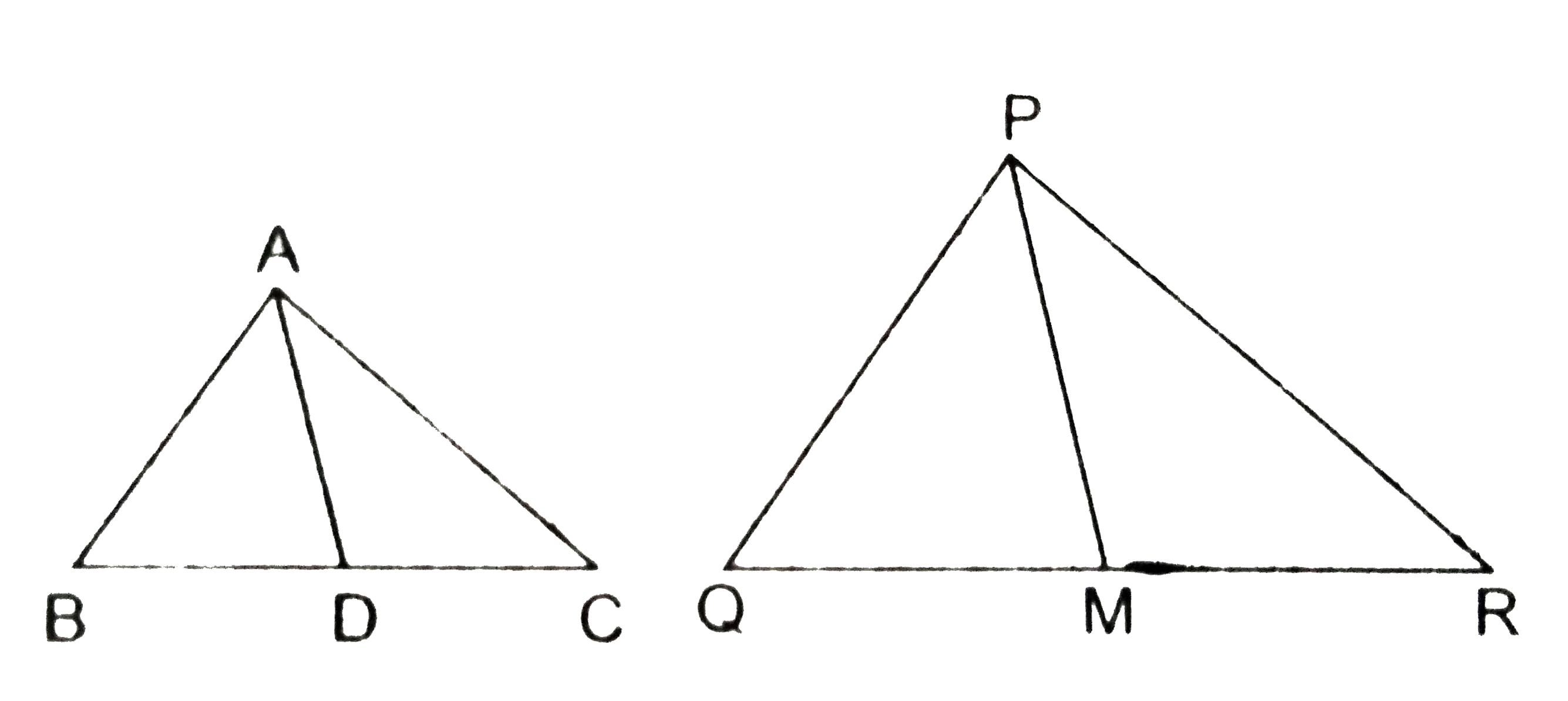 एक  त्रिभुज ABC की भुजाएं AB और BC तथा माध्‍यिका AD एक अन्य त्रिभुज PQR की क्रमशः भुजाओं PQ और QR तथा माध्‍यिका PM के समानुपाती है। दर्शाइए कि DeltaABC~DeltaPQR है।