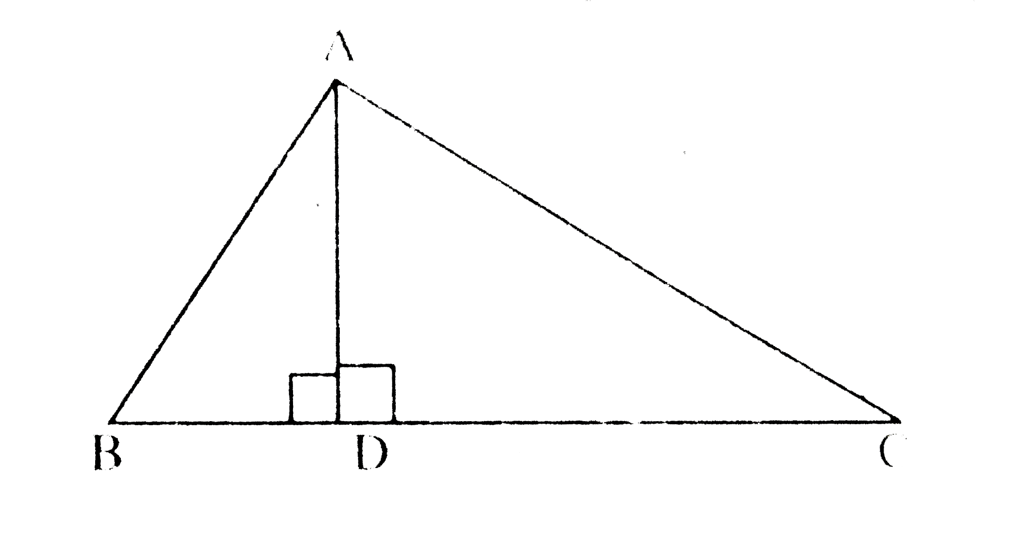 DeltaABC में यदि भुजा AD भुजा BC पर लम्ब है और AD^(2)=BDxxCD सिद्ध कीजिए कि DeltaABC एक समकोण त्रिभुज है।