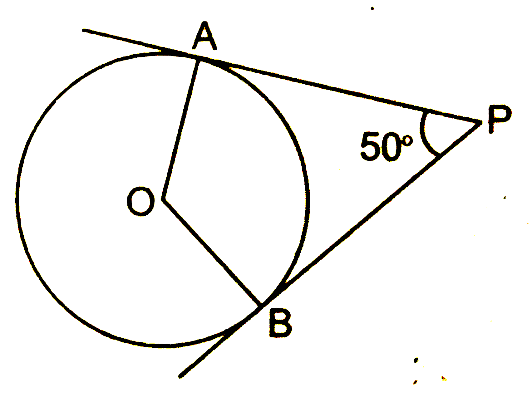 चित्र में, वृत्त का केन्द्र O है। PA तथा PB वृत्त की स्पर्श-रेखाएँ है, जिनके स्पर्श बिन्दु क्रमशः A तथा B  है। यदि angleAPB=50^(@) है, तो angleAOB की माप होगी -