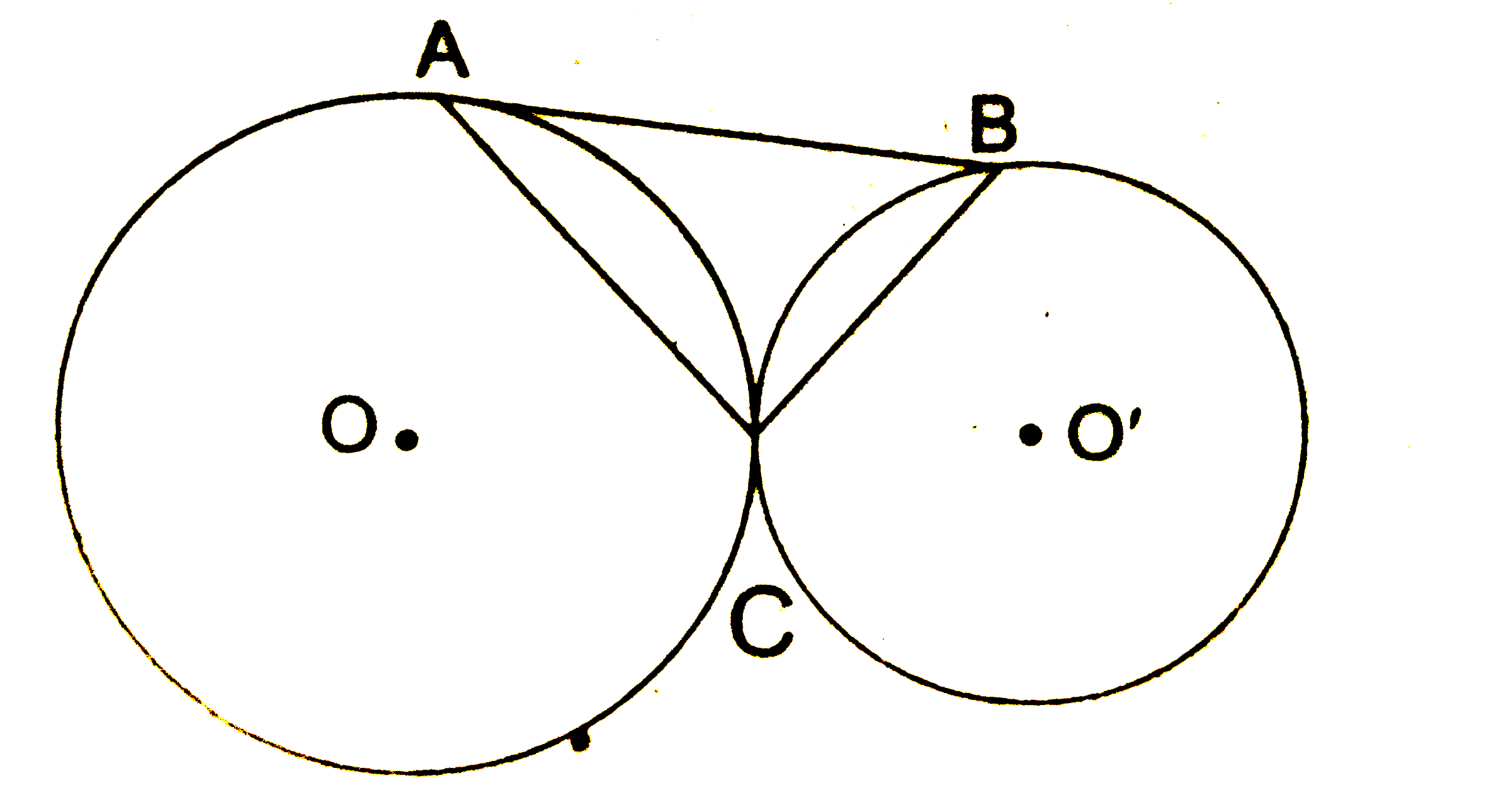 चित्र में O एवं O' केन्द्र के दो वृत्त एक-दूसरे का बाह्यतः बिन्दु C पर स्पर्श करते है। इन वृत्तों की एक उभयनिष्ठ स्पर्श रेखा AB खींची गई है। सिद्ध कीजिए कि angleACB=90^(@)