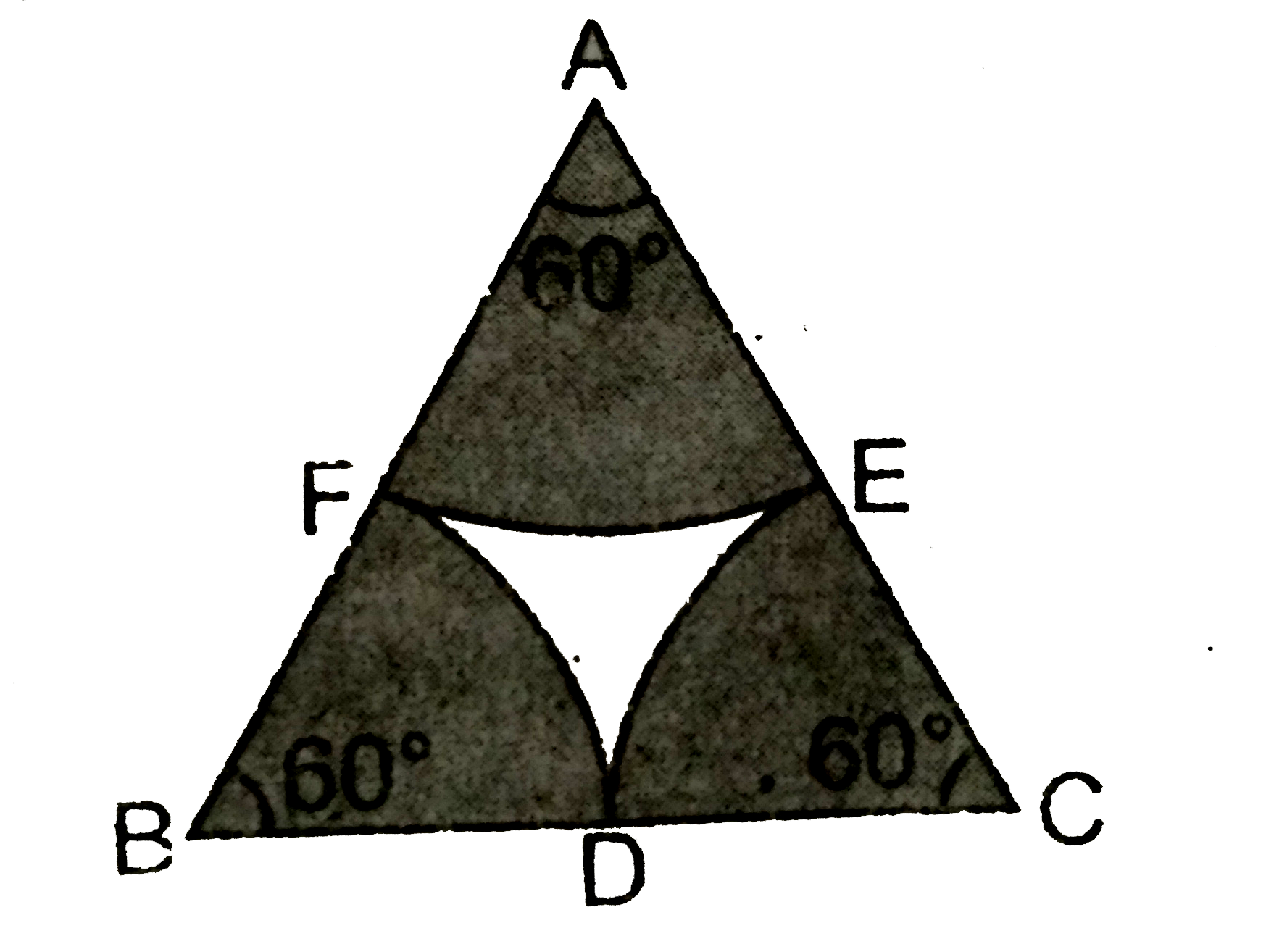 आकृति  के भुजा  10 सेमी  वाले  एक समबाहु त्रिभुज  ABC  में शीर्षों A ,B  और C  को केन्द्र  मनाकर  चाप  इस प्रकार  खींचे  गये  है कि वे भुजाओ  BC, CA और  AB  को क्रमश : उनके  मध्य  बिन्दुओ D,E,F पर  प्रतिच्छेद करे  तो छायांकित  भाग  का क्षेत्रफल  ज्ञात कीजिए  । (pi=3.14 का प्रयोग  कीजिए )