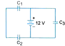 Three identical capacitors C1 , C2 and C3 of capacitance 6 mu F  each are connected to a 12 V battery as shown in Fig      energy stored in the network of capacitors .