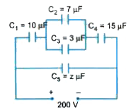 A system of capacitors , connected as shown , has a total energy of 160 mJ stored in it  . Obtain the value of the equivalent capacitance of this system and the value of x .