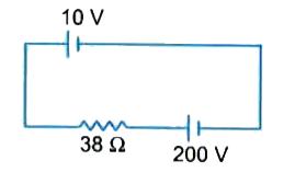 A 10 V battery of negligible internal resistance is connected across a 200 V battery and a resistance of 38 Omega as shown in the Fig. Find the value of the current in circuit.