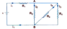 In the circuit shown , R1=4Omega, R2=R3 =15Omega, R4 = 30 Omega  and epsi = 10V .  Calculate the equivalent resistance of the circuit and the current in each resistor.